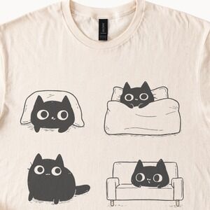 Six Cats Minimalist Graphic Tee Black and White Cartoon Line Art